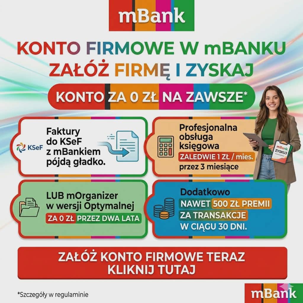promocja mbank: konto firmowe za 0 zł na zawsze, 500 zł premii na start i darmowa księgowość