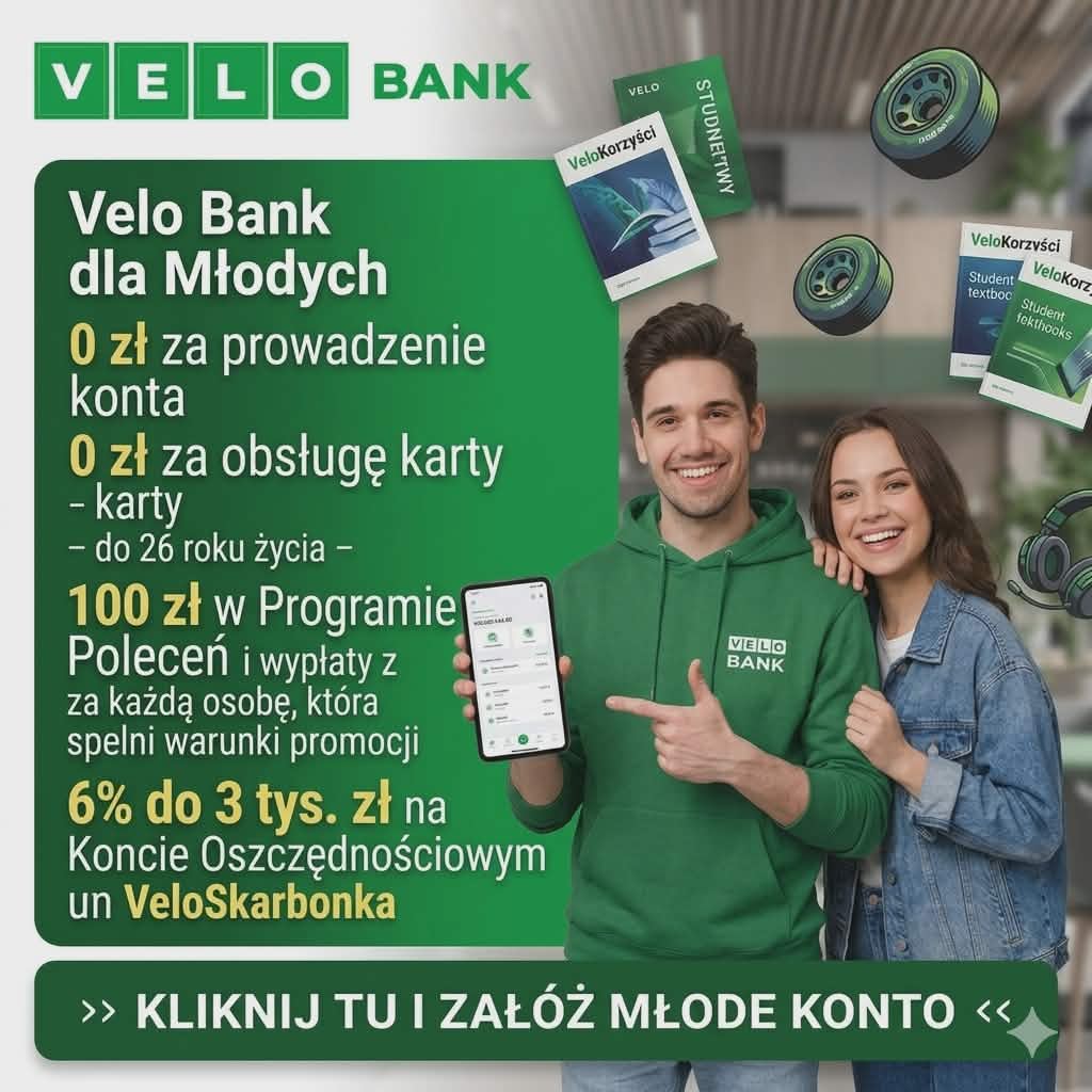 promocja velobank dla młodych: 0 zł za kartę do 26 lat, 100 zł za polecenie i 6% na veloskarbonce