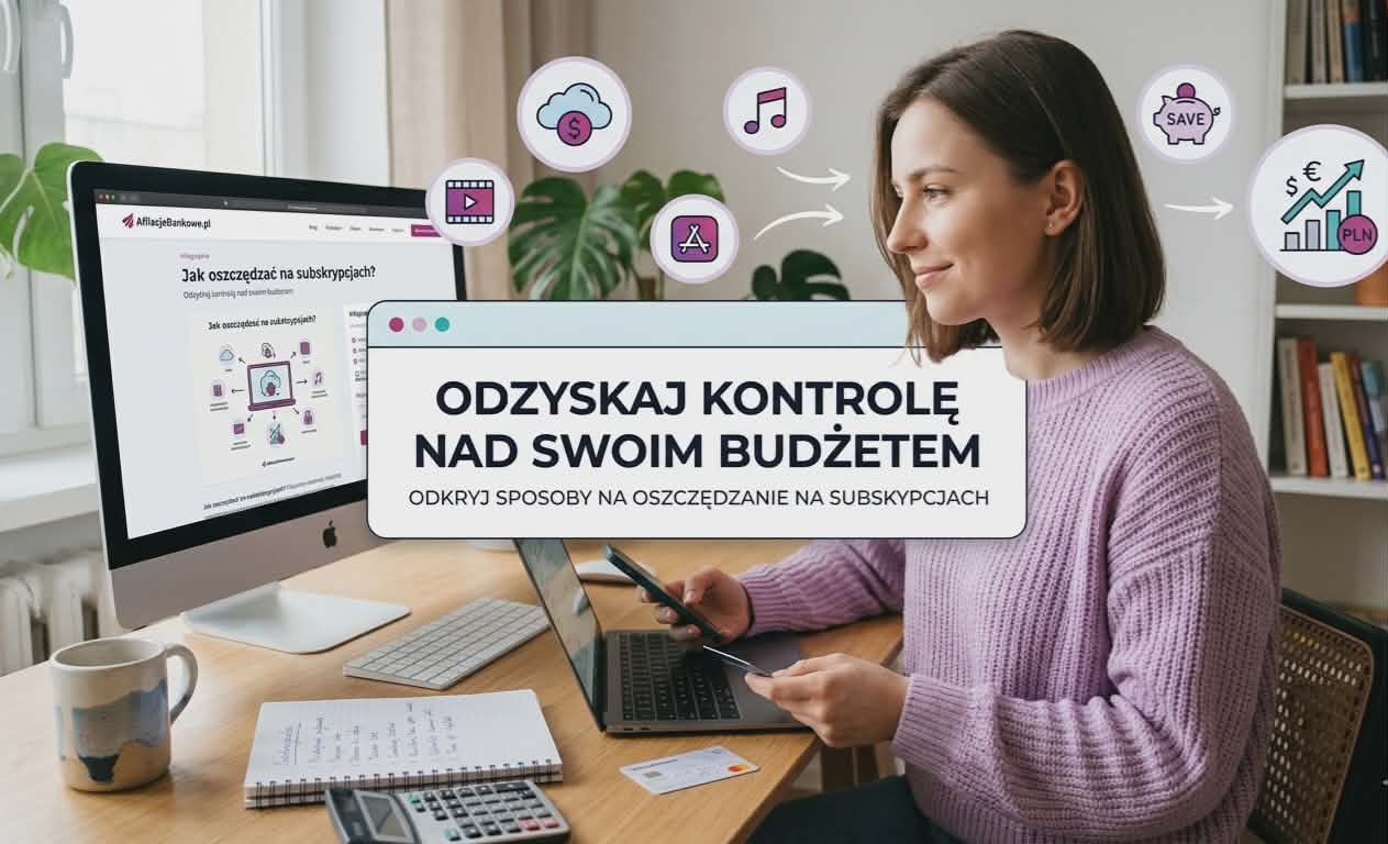 Kobieta analizująca wydatki na laptopie, ikony subskrypcji i oszczędności, tekst Odzyskaj kontrolę nad swoim budżetem.