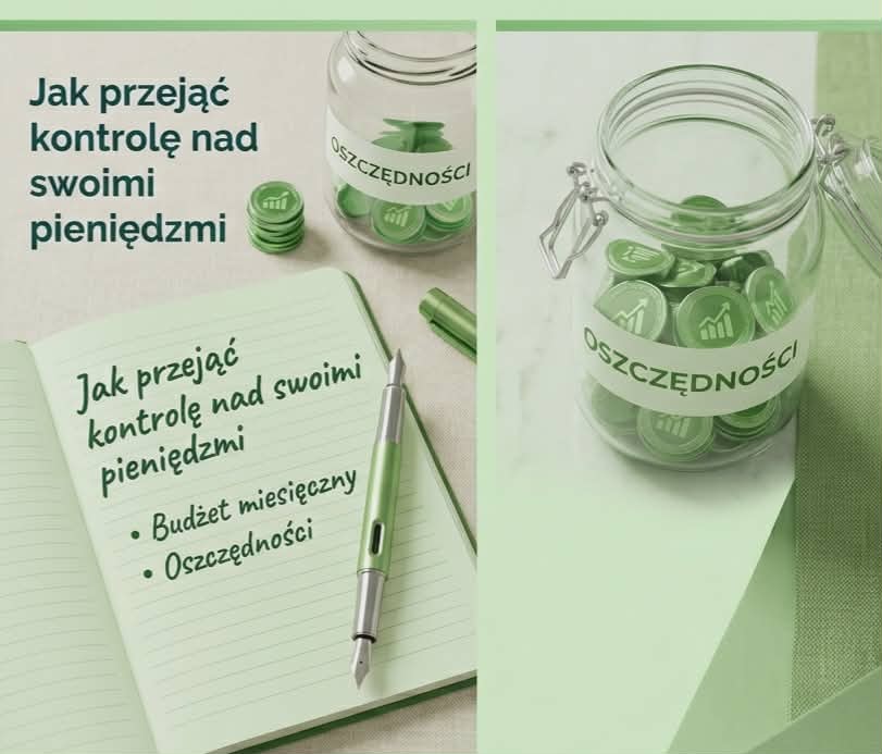 Otwarty notes z ręcznie napisaną listą "Budżet miesięczny" i "Oszczędności". Obok znajduje się przezroczysty słoik z zielonymi monetami i eleganckie pióro. Całość w zielonej, organizacyjnej tonacji.