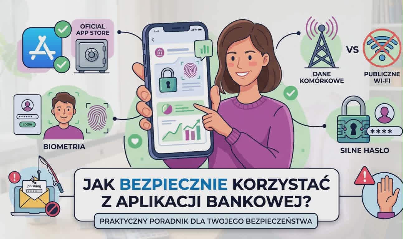 Infografika pokazująca zasady bezpiecznego korzystania z aplikacji bankowej: oficjalny sklep, biometria, silne hasło i bezpieczne Wi-Fi.