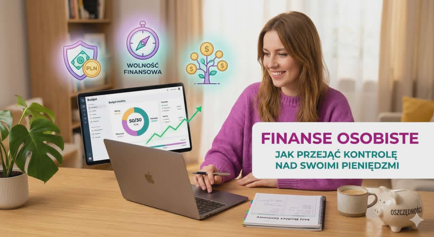 Młoda kobieta planująca budżet domowy przy laptopie, ikony wolności finansowej i wykres wzrostu oszczędności.