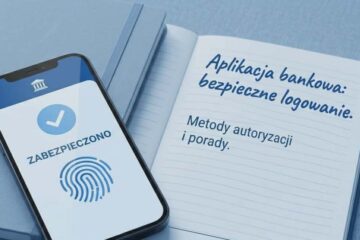 Nowoczesny smartfon leżący na dębowym blacie. Na ekranie widać jasnoniebieski interfejs aplikacji bankowej z dużym zielonym znacznikiem (fajką), napisem "ZABEZPIECZONO" i ikoną odcisku palca. Obok telefonu znajduje się elegancka karta bankowa z widocznym chipem, notatnik z gładką okładką i doniczka z sukulentem. Całość w jasnej, spokojnej i profesjonalnej tonacji kolorystycznej.