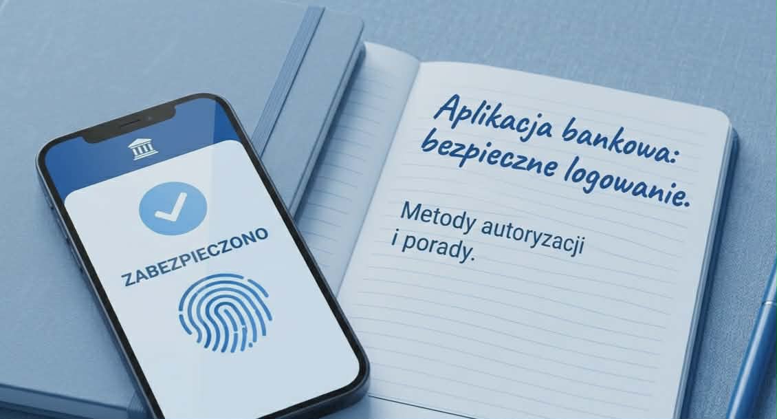 Nowoczesny smartfon leżący na dębowym blacie. Na ekranie widać jasnoniebieski interfejs aplikacji bankowej z dużym zielonym znacznikiem (fajką), napisem "ZABEZPIECZONO" i ikoną odcisku palca. Obok telefonu znajduje się elegancka karta bankowa z widocznym chipem, notatnik z gładką okładką i doniczka z sukulentem. Całość w jasnej, spokojnej i profesjonalnej tonacji kolorystycznej.
